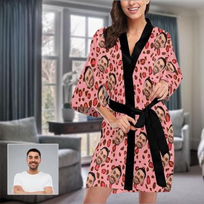 FacePajamas Pajama XS Custom Face Pink Leopard Print Women's Summer Short Nightwear Funny Personalized Photo Pajamas Kimono Robe