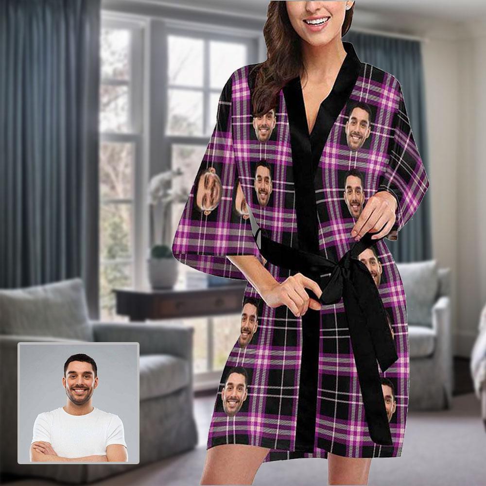 FacePajamas Pajama XS Custom Face Plaid Stripe Women's Short Summer Nightwear Personalized Photo Pajamas Kimono Robe