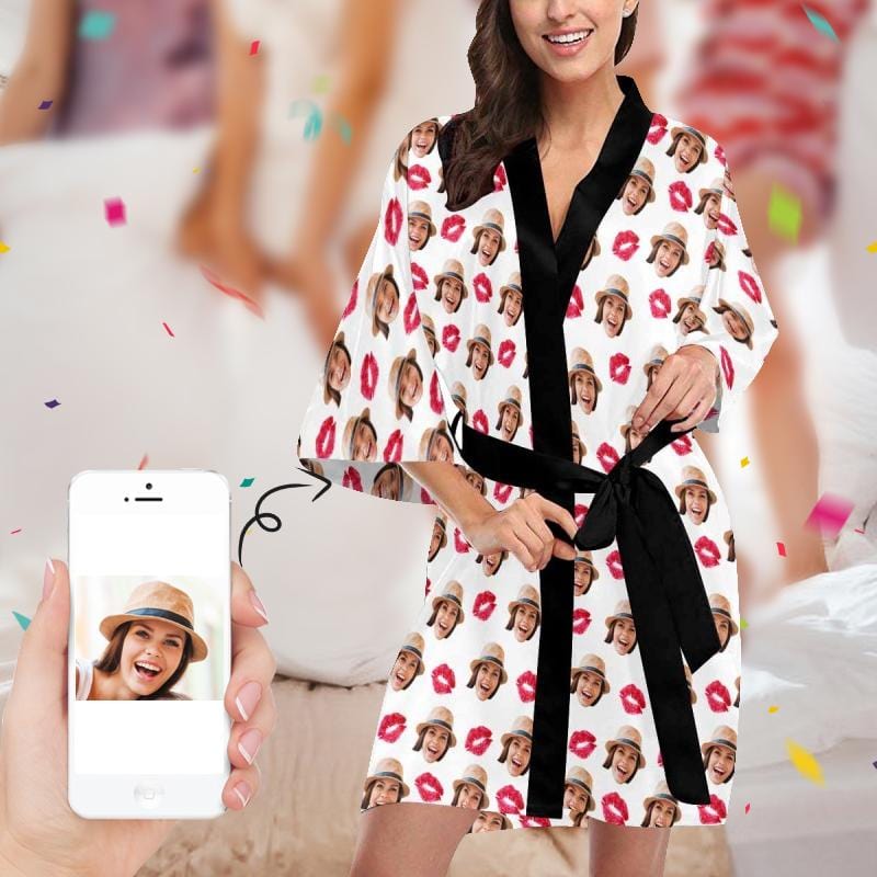 FacePajamas Pajama XS Custom Face Red Lips Women's Short Pajamas Personalized Photo Pajamas Kimono Robe