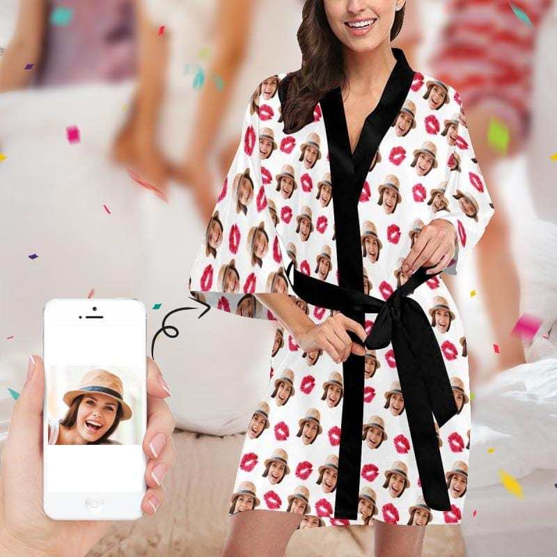 FacePajamas Pajama XS Custom Face Red Lips Women's Short Pajamas Personalized Photo Pajamas Kimono Robe