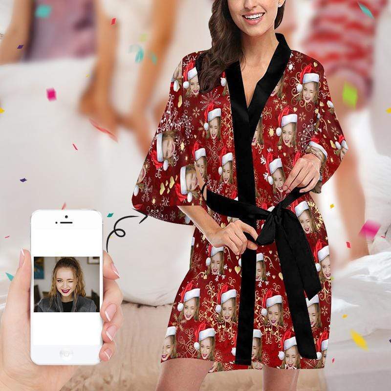 FacePajamas Pajama XS Custom Face Red Snowflake Women's Summer Short Nightwear Funny Personalized Photo Pajamas Kimono Robe