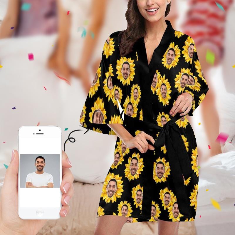 FacePajamas Pajama XS Custom Face Sunflower Yellow Women's Summer Short Pajamas Funny Personalized Photo Pajamas Kimono Robe