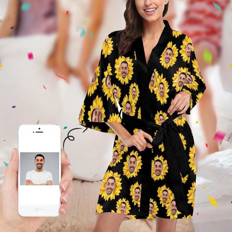 FacePajamas Pajama XS Custom Face Sunflower Yellow Women's Summer Short Pajamas Funny Personalized Photo Pajamas Kimono Robe