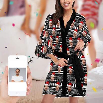 FacePajamas Pajama XS Custom Husband Face Black Christmas Hat Women's Summer Short Pajamas Funny Personalized Photo Pajamas Kimono Robe