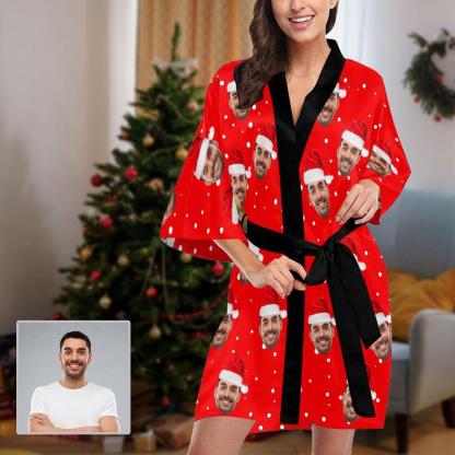 FacePajamas Pajama XS Custom Husband Face Christmas Hat Red Women's Short Pajamas Funny Personalized Photo Pajamas Kimono Robe