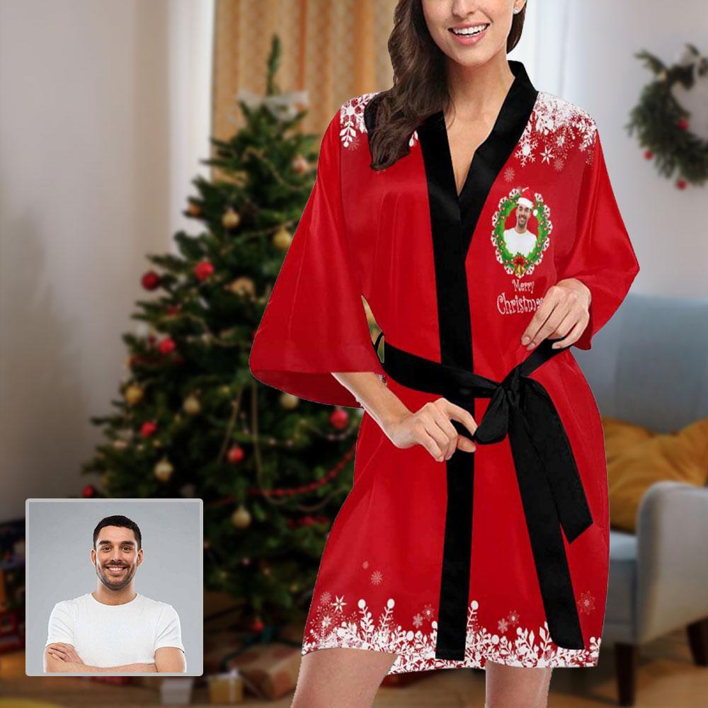 FacePajamas Pajama XS Custom Husband Face Christmas Wreath Women's Summer Short Pajamas Personalized Photo Pajamas Kimono Robe