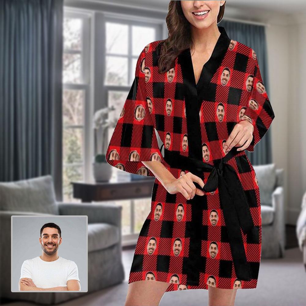 FacePajamas Pajama XS Custom Husband Face Grid Red Black Women's Summer Short Pajamas Personalized Photo Pajamas Kimono Robe