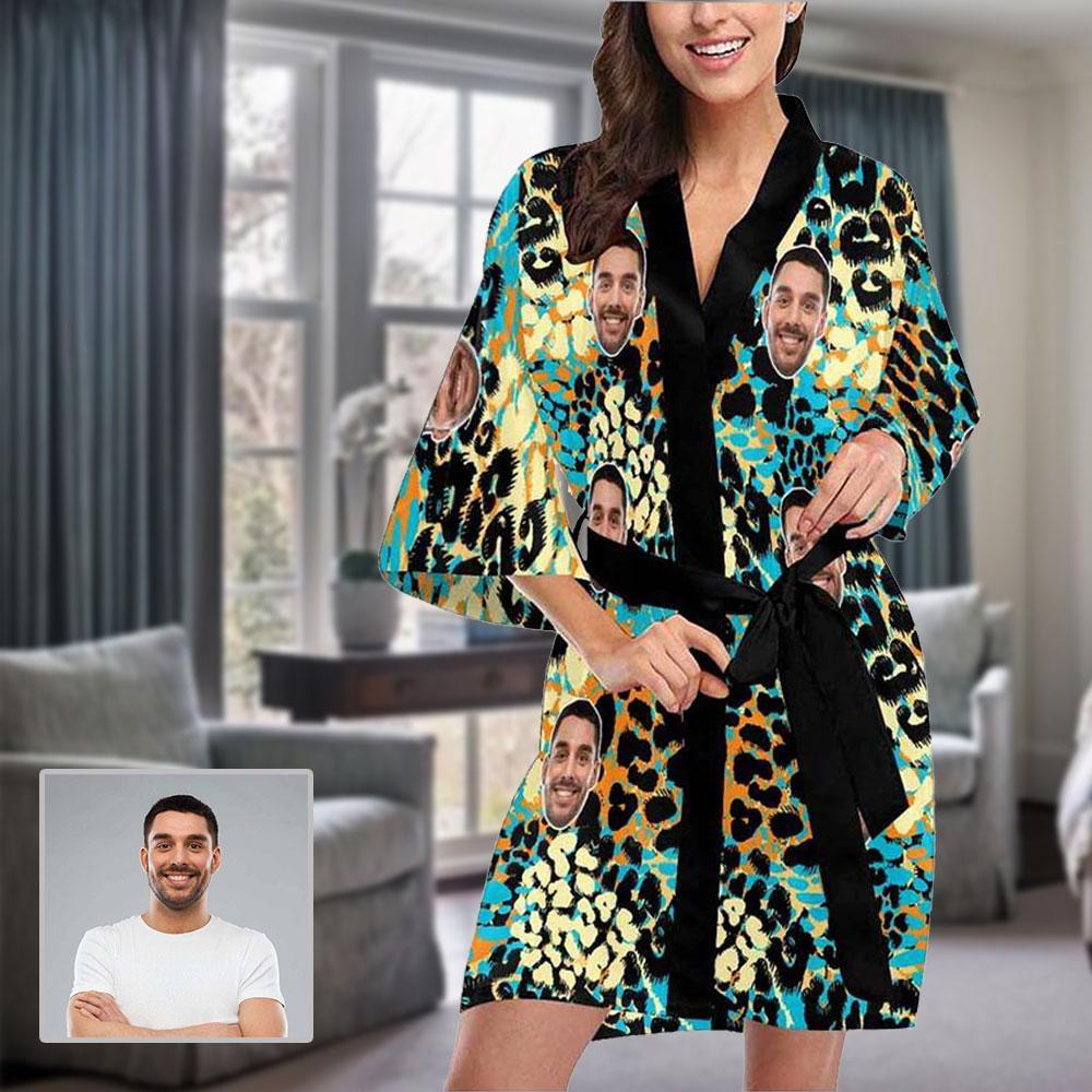 FacePajamas Pajama XS Custom Husband Face Leopard Print Women's Summer Short Nightwear Personalized Photo Pajamas Kimono Robe