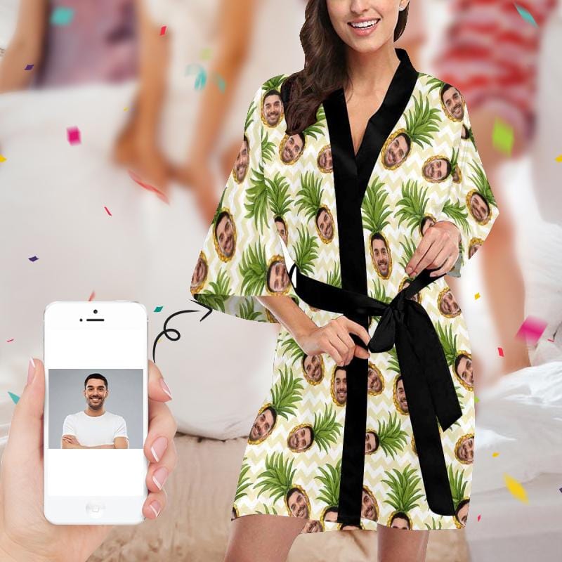 FacePajamas Pajama XS Custom Husband Face Pineapple Green Women's Summer Short Sleepwear Funny Personalized Photo Pajamas Kimono Robe