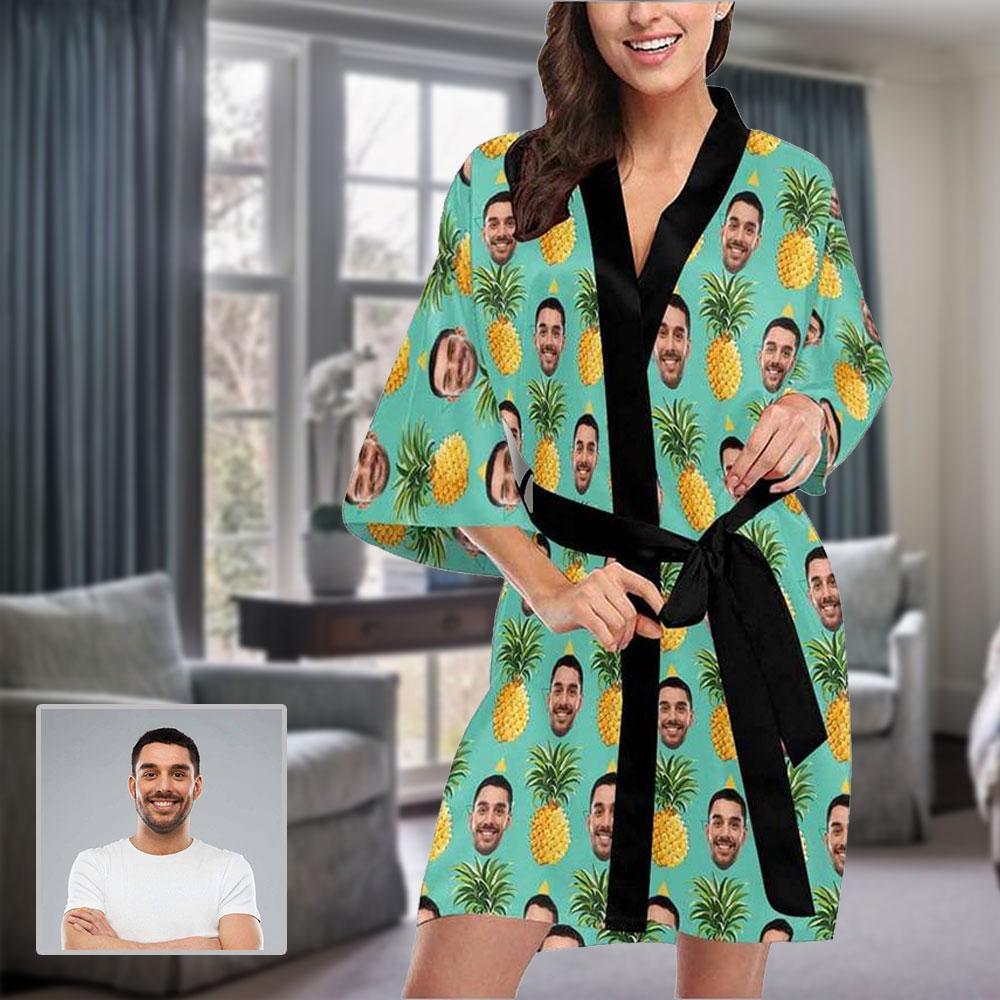 FacePajamas Pajama XS Custom Husband Face Pineapple Women's Summer Short Pajamas Personalized Photo Pajamas Kimono Robe
