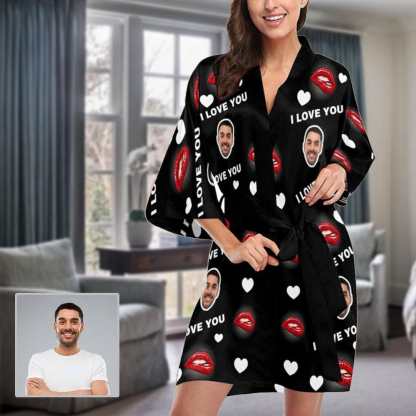 FacePajamas Pajama XS Custom Husband Face Red Lip Women's Summer Short Pajamas Funny Personalized Photo Pajamas Kimono Robe