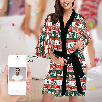 FacePajamas Pajama XS Custom Husband Face Stripes Christmas Tree Women's Summer Short Pajamas Funny Personalized Photo Pajamas Kimono Robe