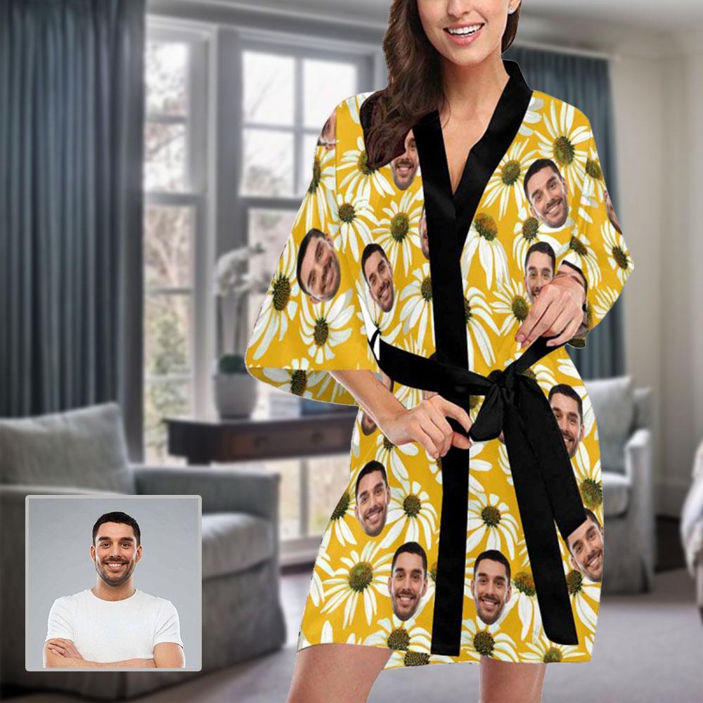 FacePajamas Pajama XS Custom Husband Face Sunflower Women's Summer Short Pajamas Funny Personalized Photo Pajamas Kimono Robe