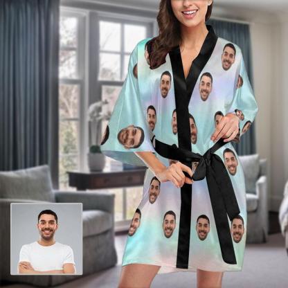 FacePajamas Pajama XS Custom Husband Face Tie-dye Ice Cream Color Women's Summer Short Nightwear Personalized Photo Pajamas Kimono Robe