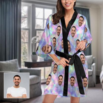 FacePajamas Pajama XS Custom Husband Face Tie-dye Laser Pink Blue Women's Short Pajamas Funny Personalized Photo Pajamas Kimono Robe
