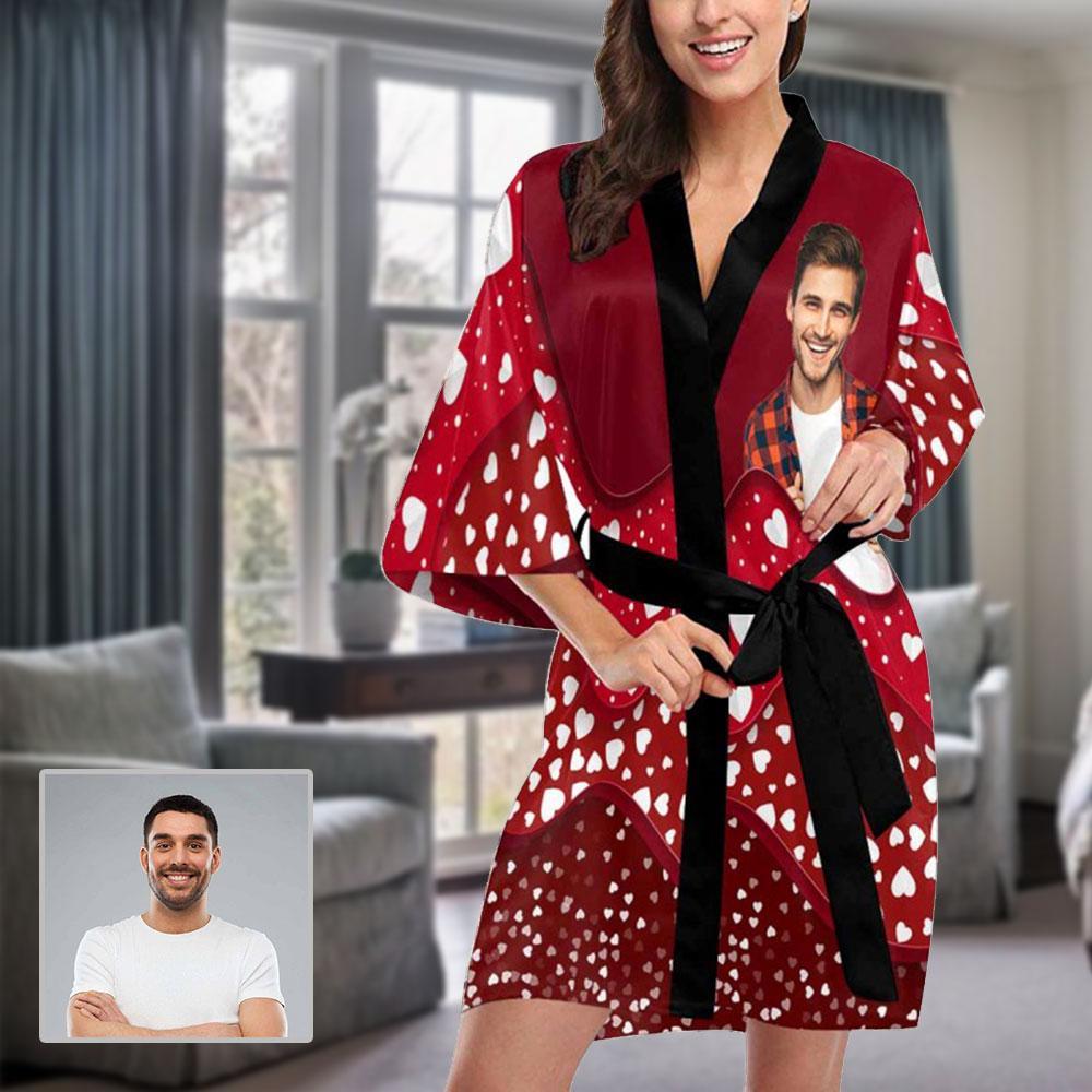 FacePajamas Pajama XS Custom Husband Photo Light Red Women's Summer Short Pajamas Funny Personalized Photo Pajamas Kimono Robe