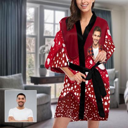 FacePajamas Pajama XS Custom Husband Photo Light Red Women's Summer Short Pajamas Funny Personalized Photo Pajamas Kimono Robe