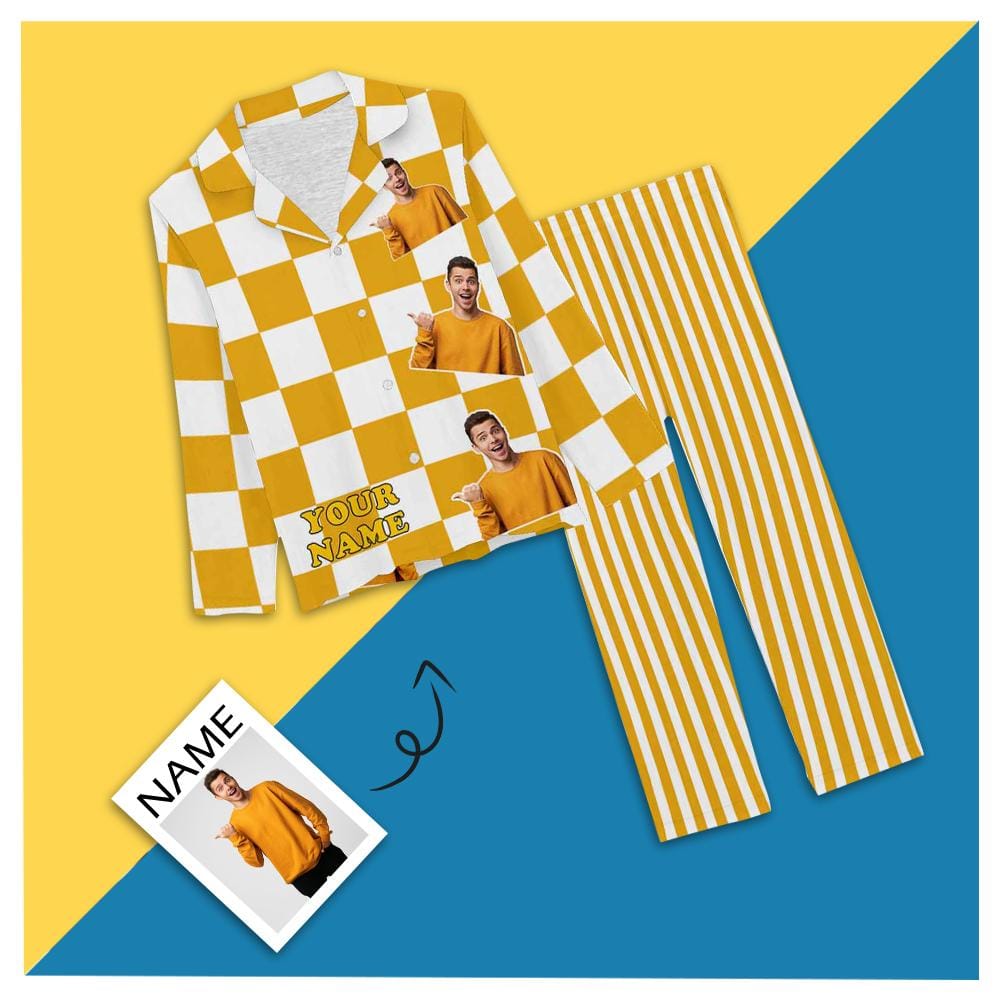 FacePajamas Pajama XS Custom My Boyfriend Name&Photo Pajamas Yellow Grid Stripe Sleepwear Personalized Women's Long Pajama Set