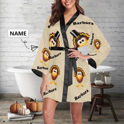 FacePajamas Pajama XS Custom Name Happy Thanksgiving Women's Summer Short Nightwear Funny Pajamas Kimono Robe