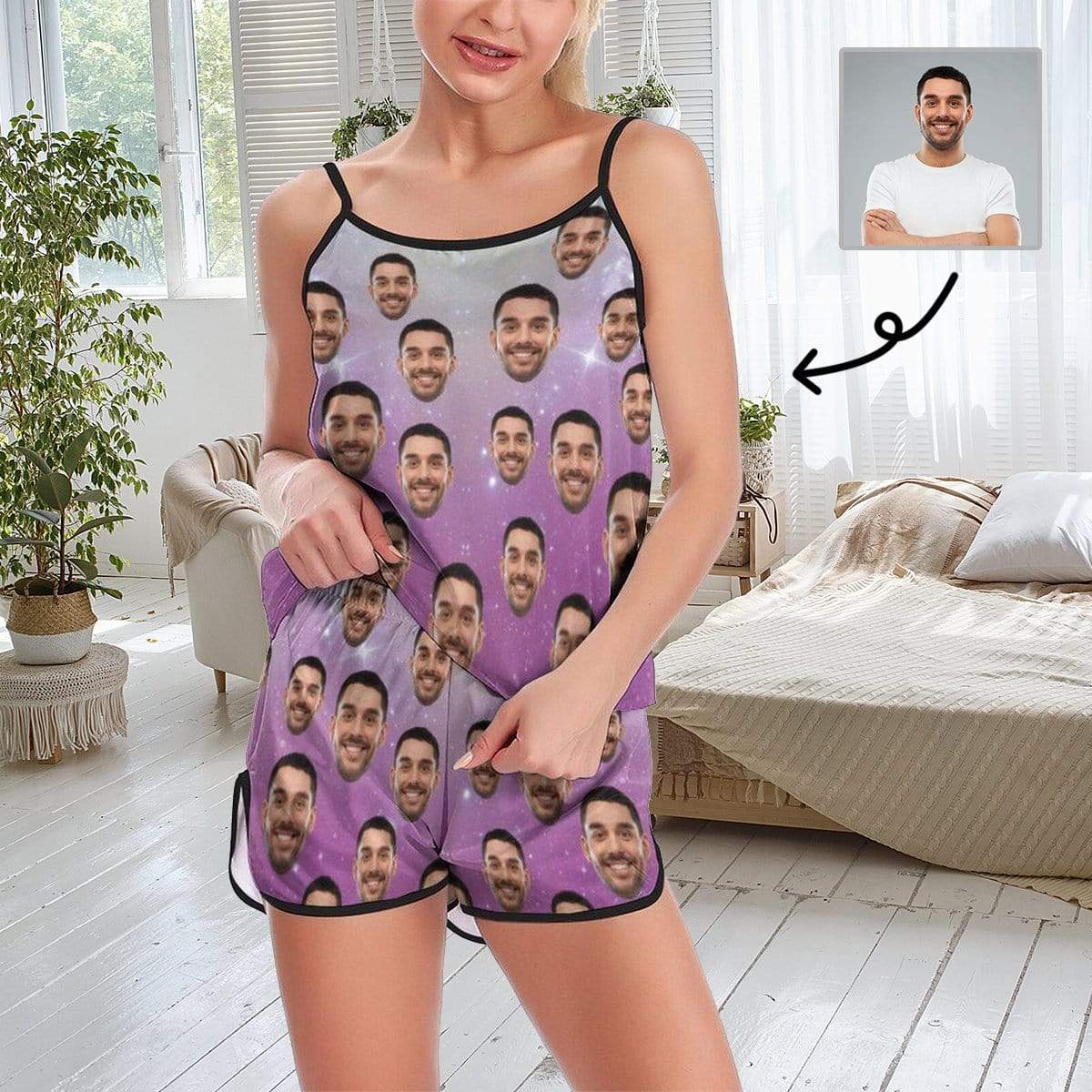 FacePajamas Pajama XS Custom Pajamas with Face Pink Starry Sky Sleepwear Personalized Women's Sexy Cami Pajama Set
