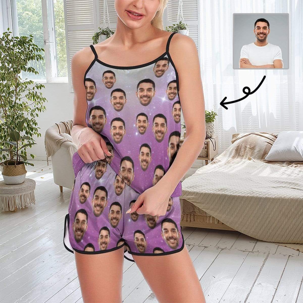 FacePajamas Pajama XS Custom Pajamas with Face Pink Starry Sky Sleepwear Personalized Women's Sexy Cami Pajama Set