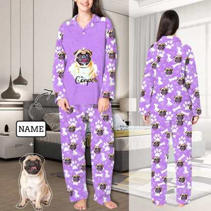 FacePajamas Pajama XS Custom Pet Face & Name Pajamas Sleepwear Purple Personalized Women's Slumber Party Long Pajama Set