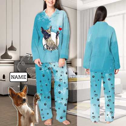 FacePajamas Pajama XS Custom Pet Photo & Name Pajamas Sleepwear Sky Blue Personalized Women's Slumber Party Long Pajama Set