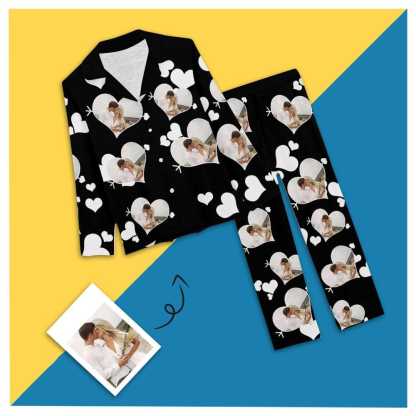 FacePajamas Pajama XS Custom Photo Black Background Pajamas Sweety Couple Love Heart Sleepwear Personalized Women's Long Pajama Set