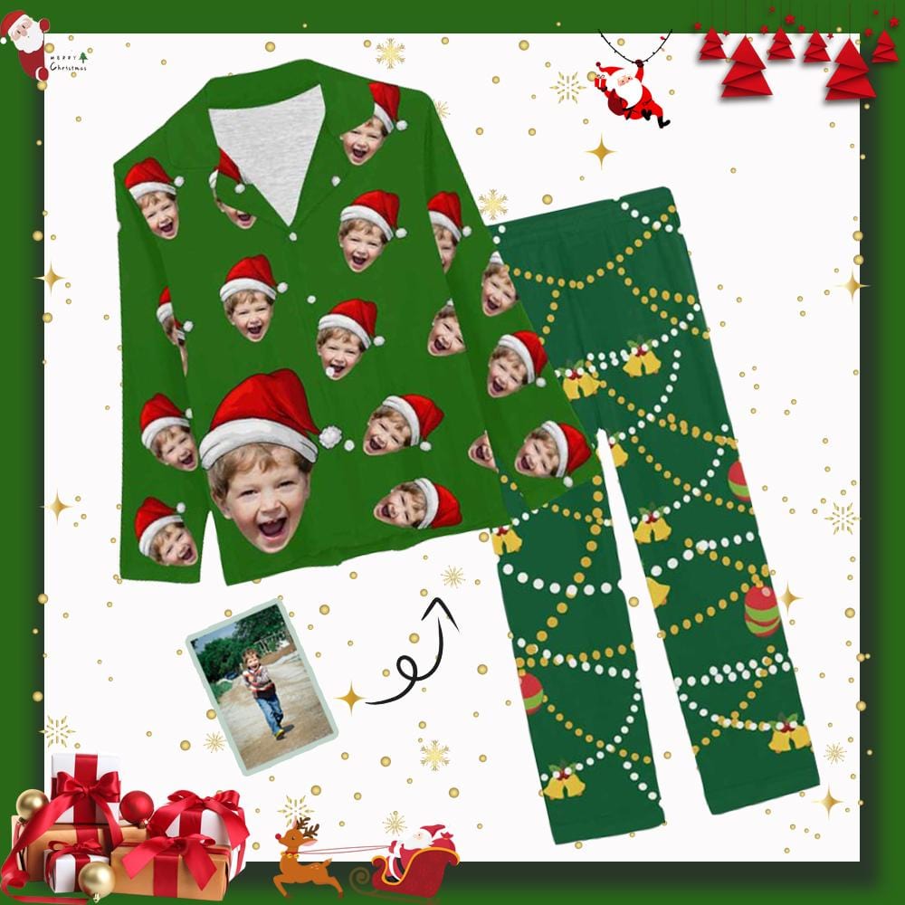 FacePajamas Pajama XS Custom Son Face Pajamas Green Christmas Hat Sleepwear Personalized Women's Slumber Party Long Pajama Set
