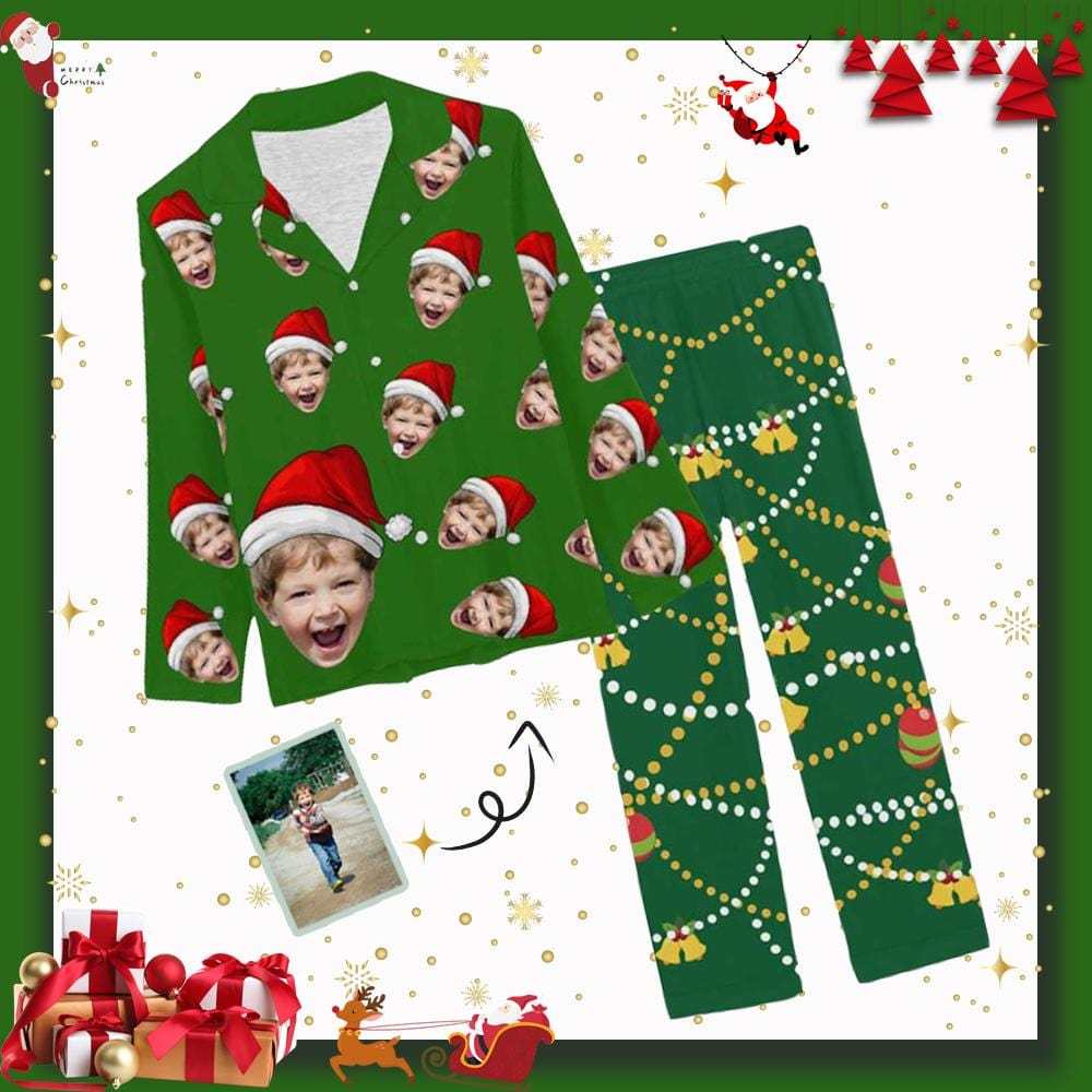 FacePajamas Pajama XS Custom Son Face Pajamas Green Christmas Hat Sleepwear Personalized Women's Slumber Party Long Pajama Set