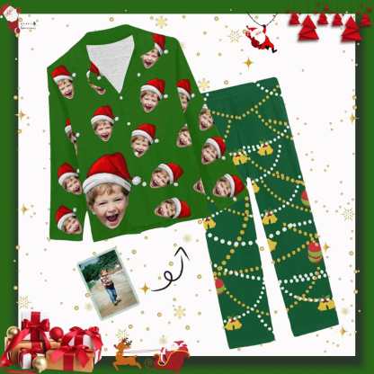FacePajamas Pajama XS Custom Son Face Pajamas Green Christmas Hat Sleepwear Personalized Women's Slumber Party Long Pajama Set