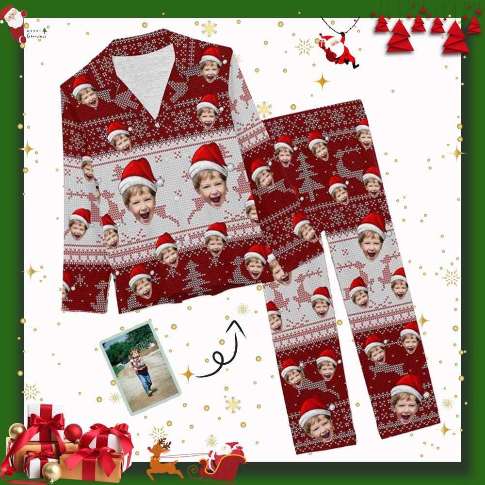 FacePajamas Pajama XS Custom Son Face Pajamas Red Christmas Hat Nightwear Personalized Women's Slumber Party Long Pajama Set