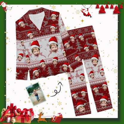 FacePajamas Pajama XS Custom Son Face Pajamas Red Christmas Hat Nightwear Personalized Women's Slumber Party Long Pajama Set