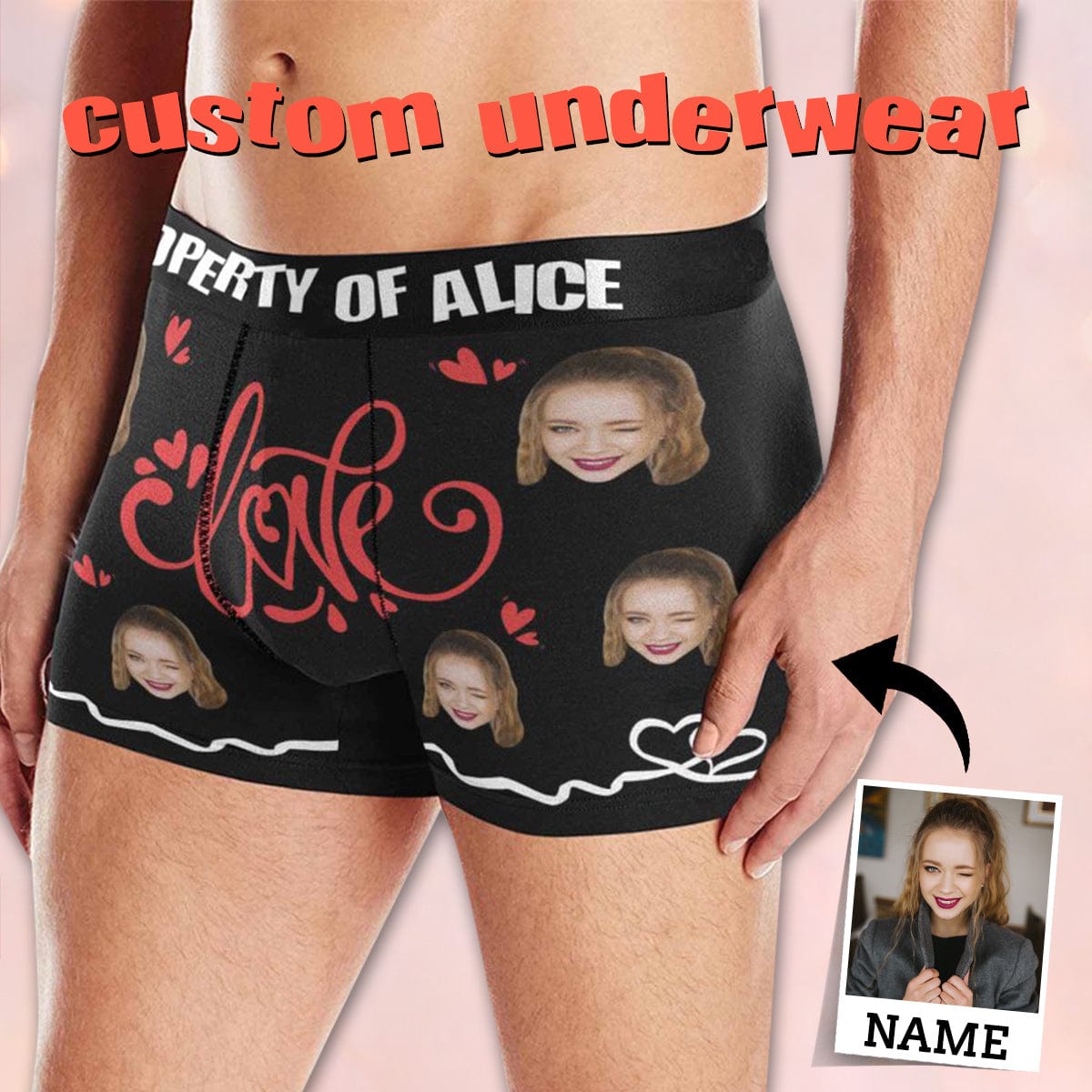 FacePajamas Men Underwear XS Custom Waistband Boxer Briefs Men's Personalized Love Underwear with Custom Text Waistband