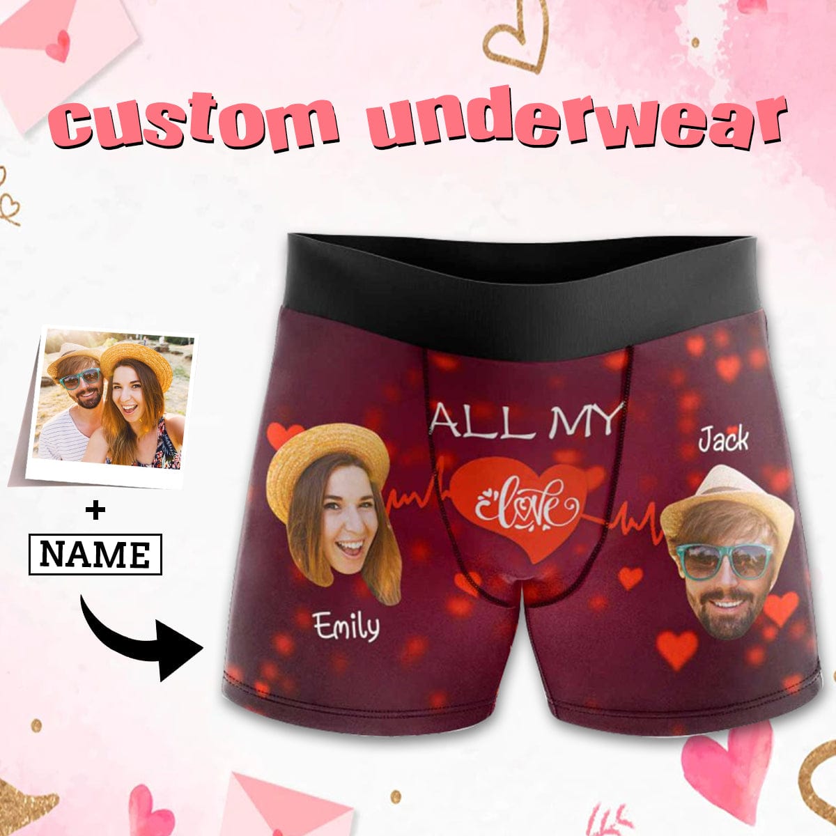 FacePajamas Men Underwear XS Custom Waistband Boxer Briefs Men's Personalized Name&Face All My Love Underwear