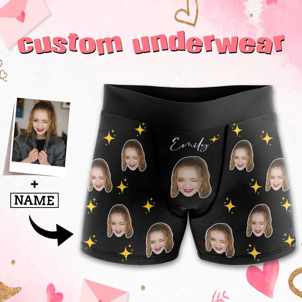 FacePajamas Men Underwear XS Custom Waistband Boxer Briefs Men's Personalized Star Underwear with Custom Text