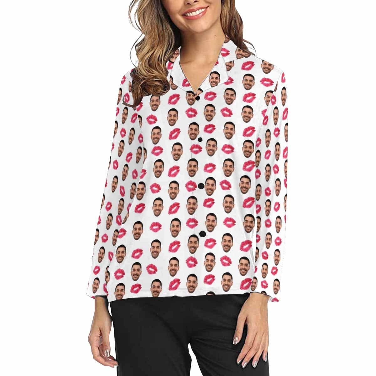 FacePajamas Pajama XS / Shirt Custom Boyfriend Face Pajamas Red Lips Sleepwear Personalized Women's Long Pajama Shirt&Pants