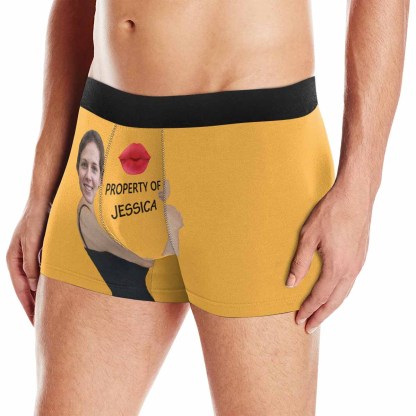 FacePajamas Men Underwear Yellow / XS Custom Face&Name Boxer Underwear Red Lip Property Of Personalized Men's All-Over Print Boxer Briefs For Valentine's Day Gift