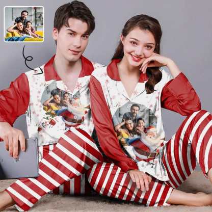 YesCustom Pajama Custom Photo Santa Claus Red Couple Matching Pajamas Personalized Photo Loungewear Set Sleepwear For Christmas
