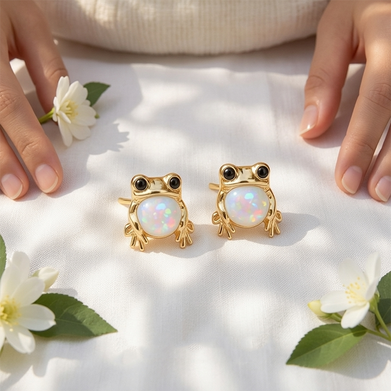 Opal Frog Charm Earrings