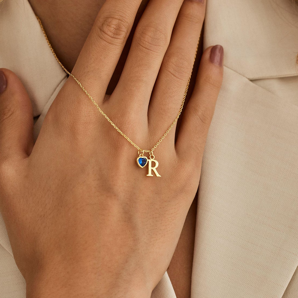 Delicate heart-shaped birthstone letter necklace