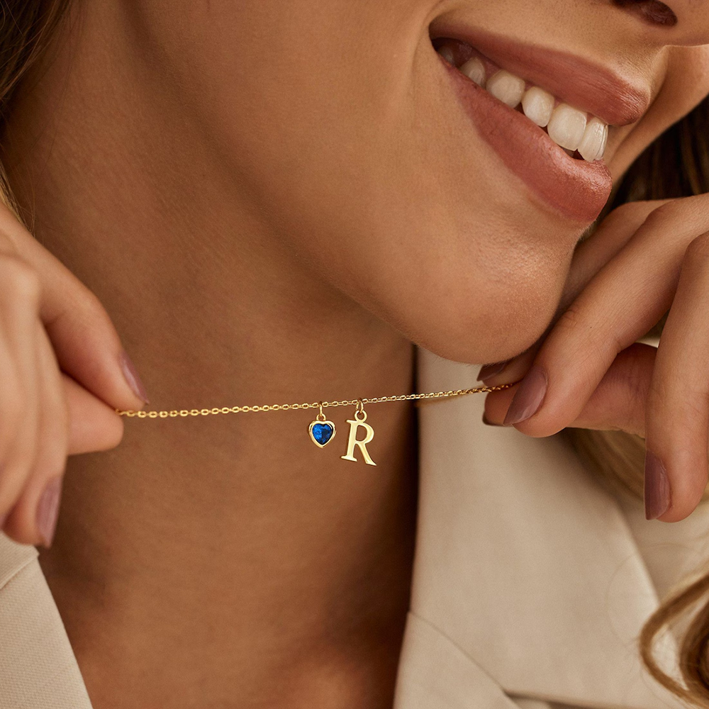 Delicate heart-shaped birthstone letter necklace
