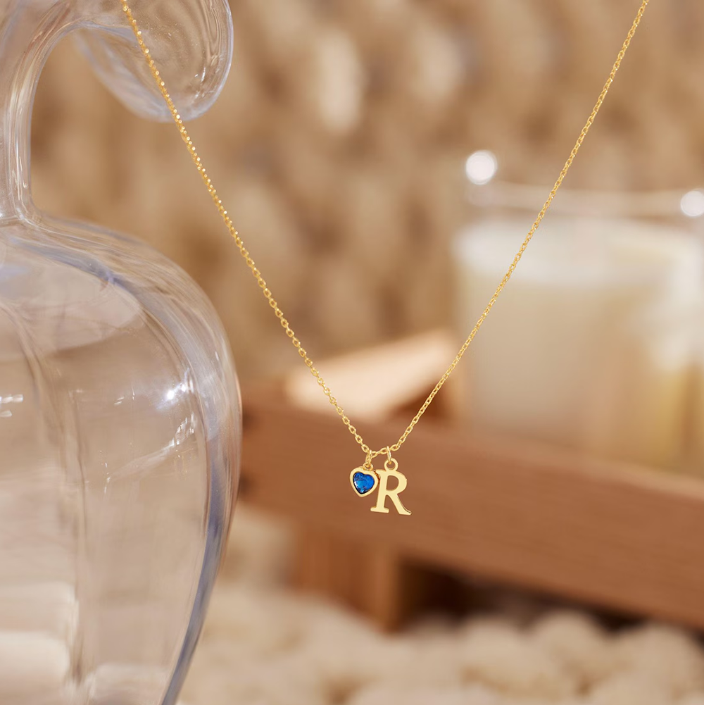 Delicate heart-shaped birthstone letter necklace