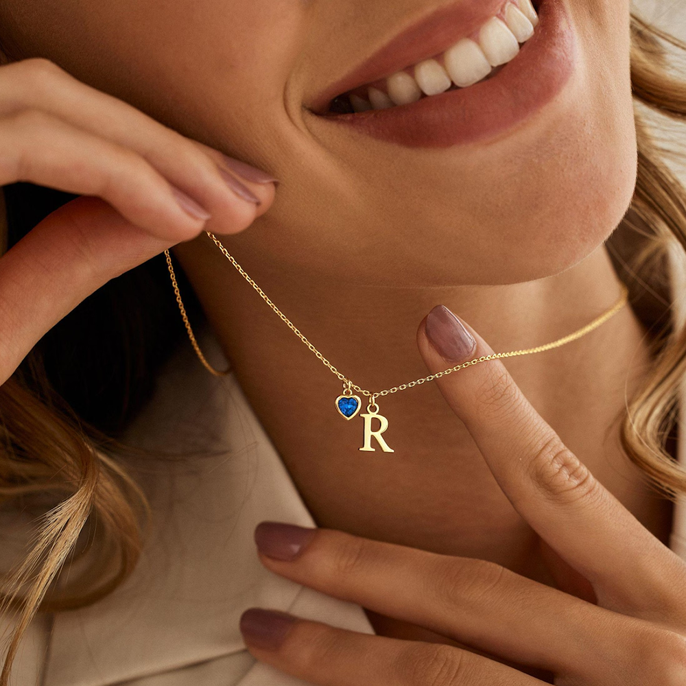 Delicate heart-shaped birthstone letter necklace