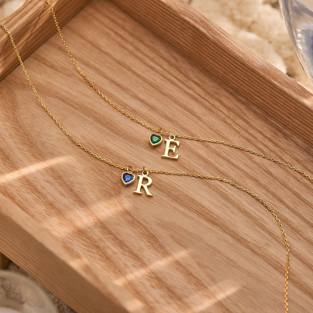 Delicate heart-shaped birthstone letter necklace