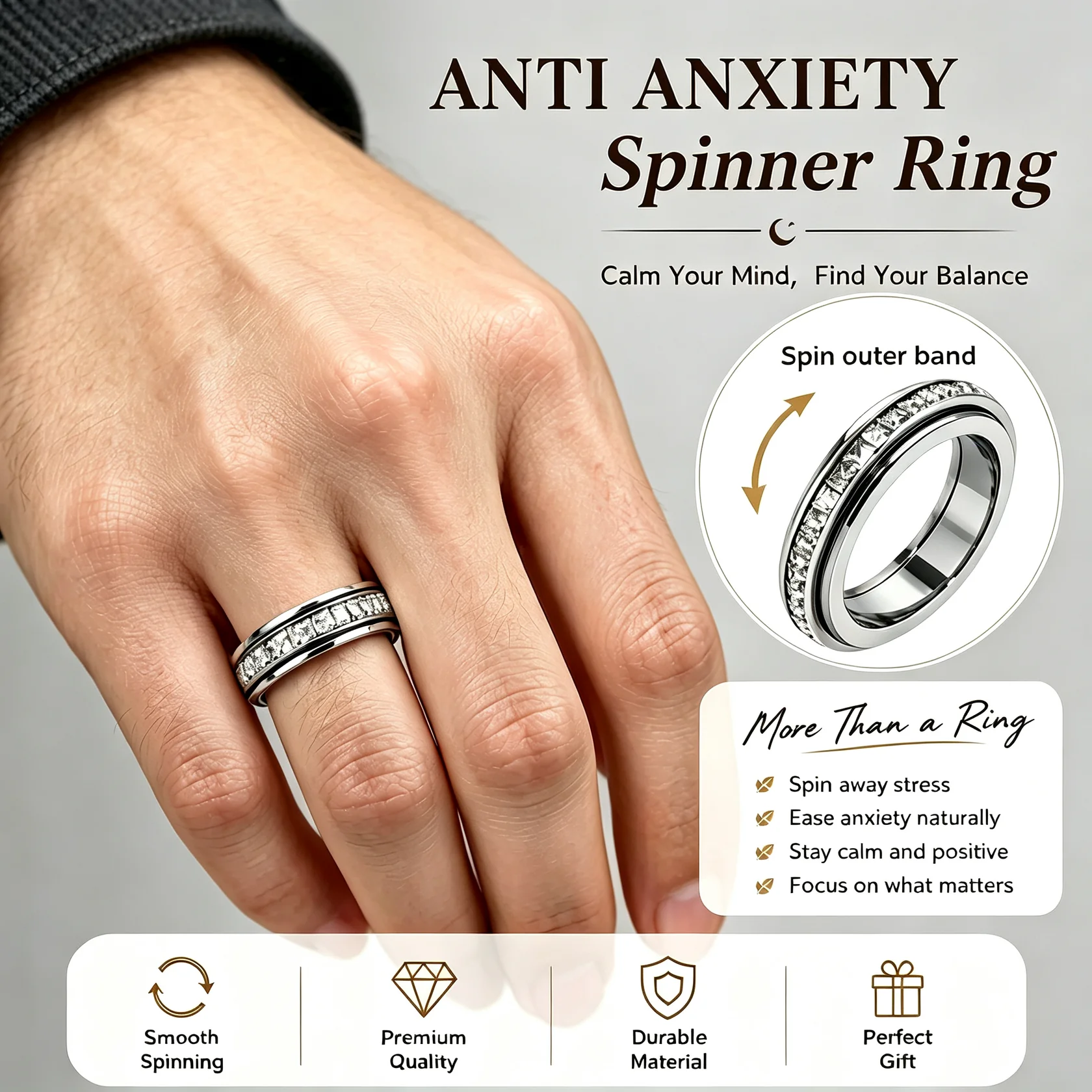 Titanium Steel Spinner Fidget Ring for Men Women