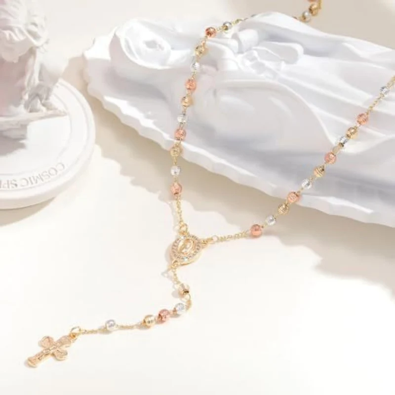 Gold Virgin Mary Rosary Cross Necklace