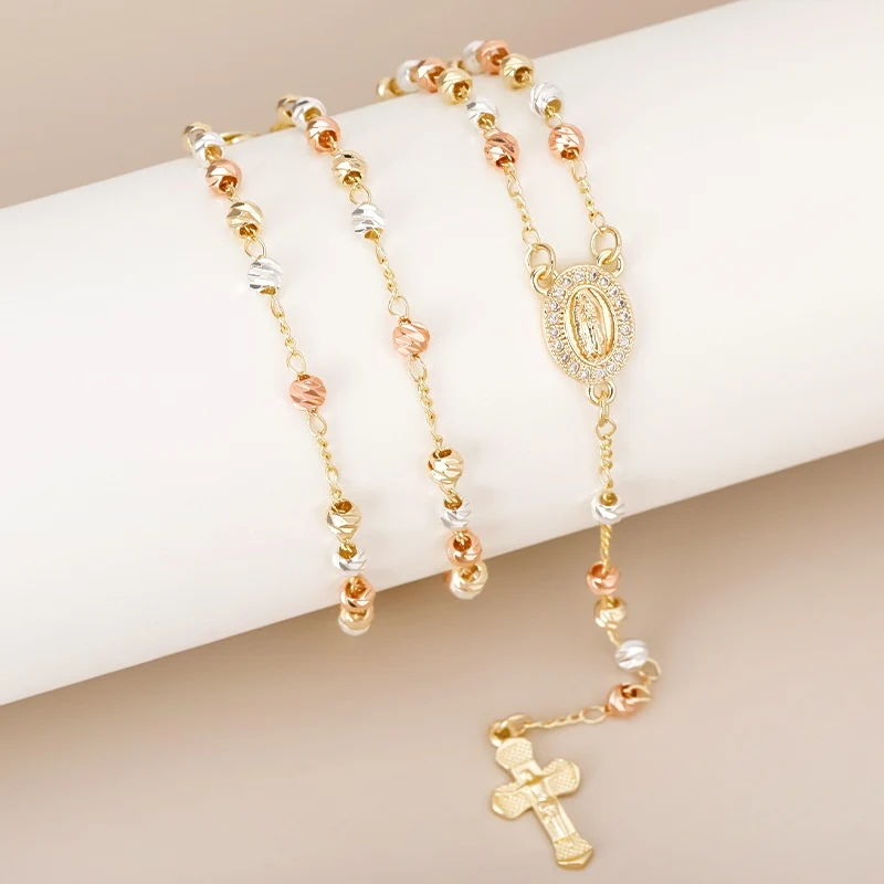 Gold Virgin Mary Rosary Cross Necklace