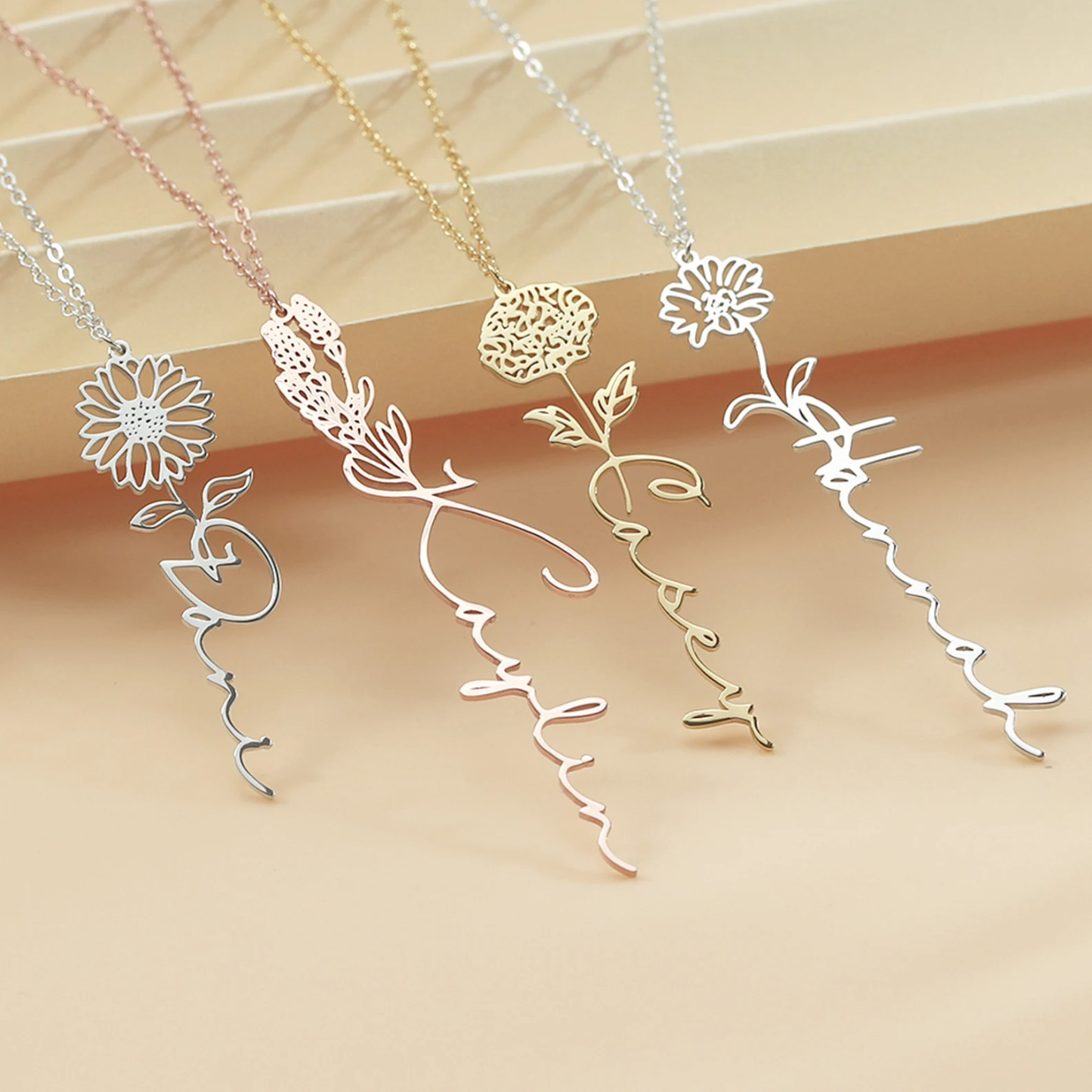 Personalized birthday flower name necklace