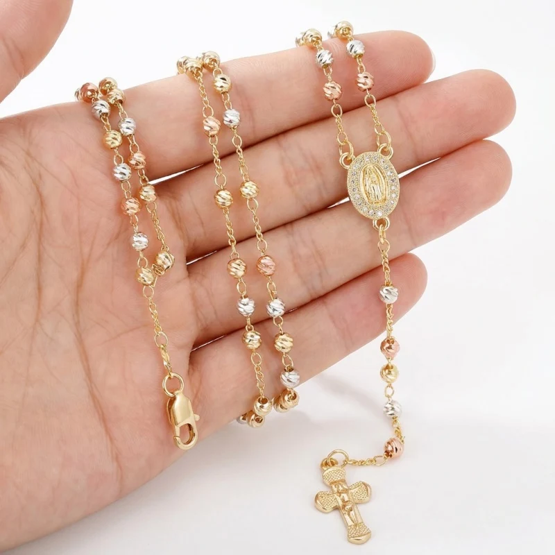 Gold Virgin Mary Rosary Cross Necklace
